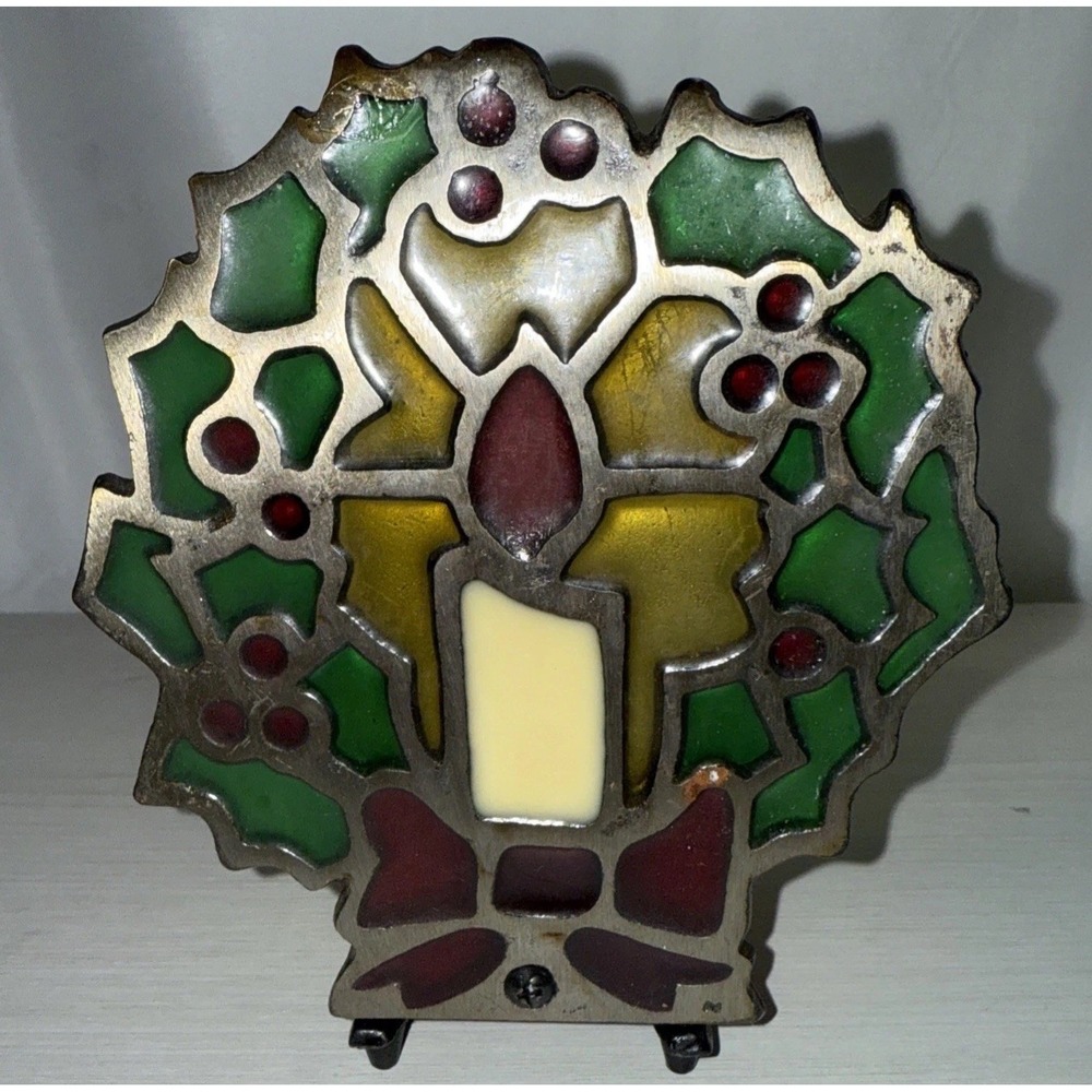 VTG Stained Glass Votive Tealight Candle Holder Cast Iron Christmas Wreath